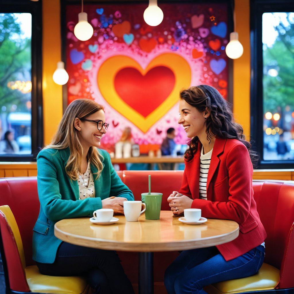 A vibrant scene depicting two people engaged in a playful conversation at a cozy café, surrounded by whimsical heart shapes and symbols of connection. Bright colors should emphasize warmth and attraction, while digital devices like phones and laptops blend into the background to signify online dating. Include elements like coffee cups and laughter to enhance the joyful atmosphere. super-realistic. vibrant colors. soft bokeh background.