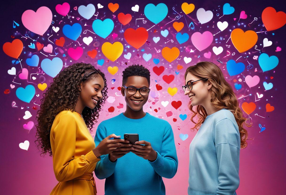 A vibrant digital scene depicting two people engaged in a flirty conversation over their smartphones, surrounded by floating hearts and chemical symbols like bonding molecules. The background features elements of technology and social media, integrating warmth and heart motifs to symbolize relationships. The characters should express joy, interest, and connection. super-realistic. vibrant colors. 3D.